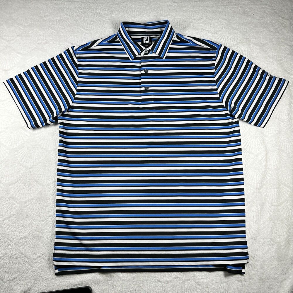 FootJoy Lisle Multi Stripe Self Collar Golf Polo - Black/Royal/White/Grey Size L